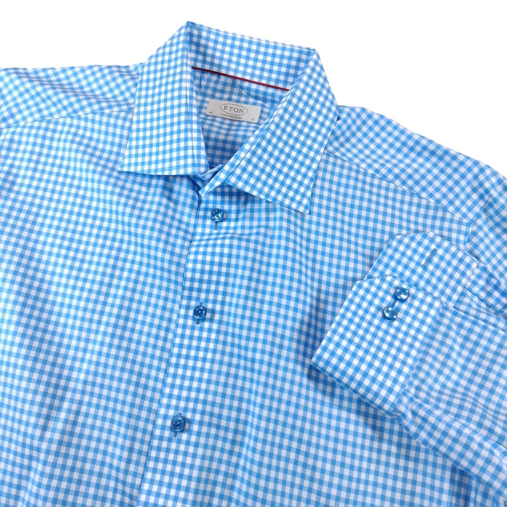 Eton Dress Shirt Mens 17/35 Blue Gingham Contemporary Fit Long Sleeve Cotton
